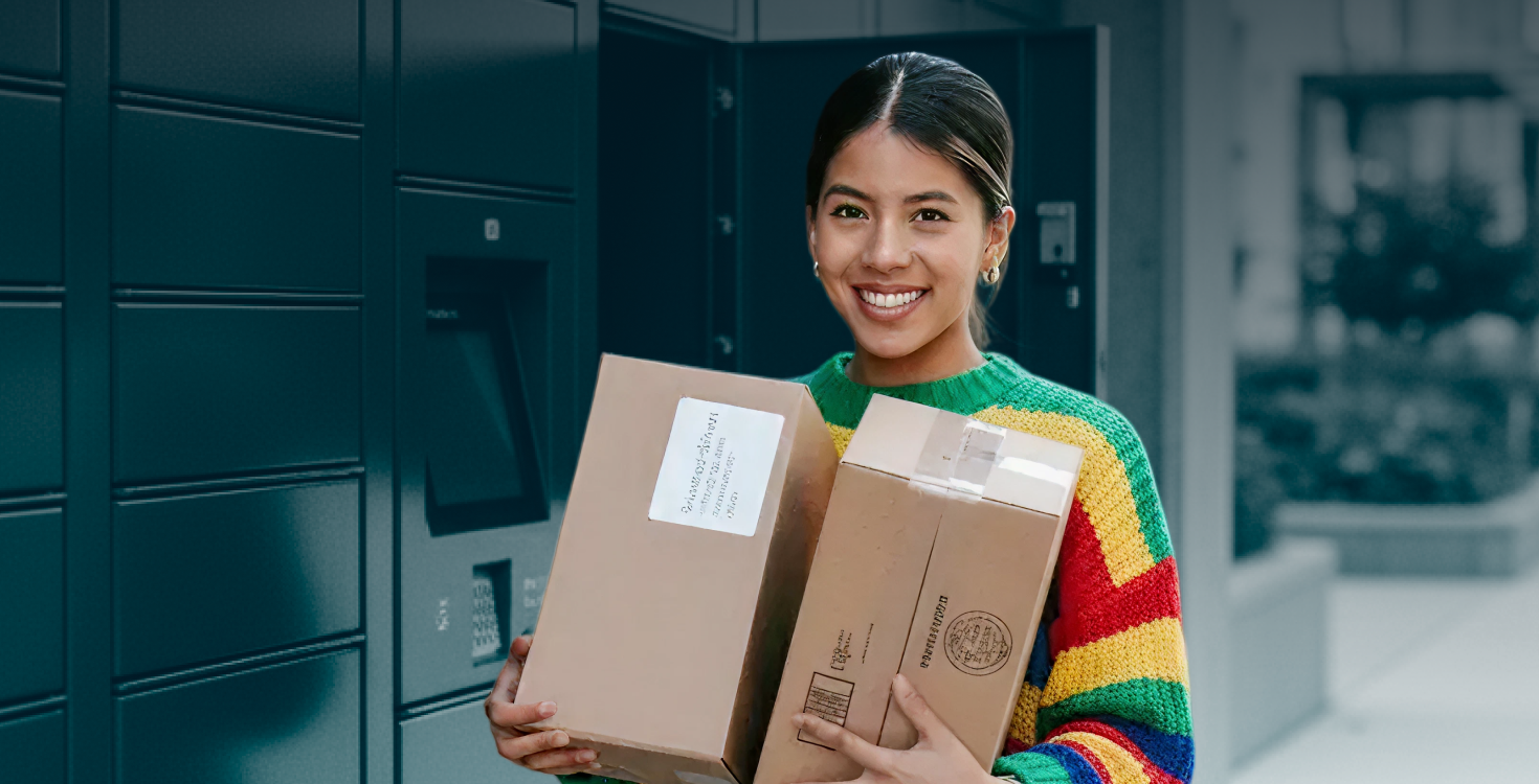 A woman collecting a parcel from an out-of-home collection point.